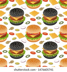 Seamless pattern burgers and ingredients on white background. Burger menu. For packaging, advertisements, menu. Vector illustration. Realistic.