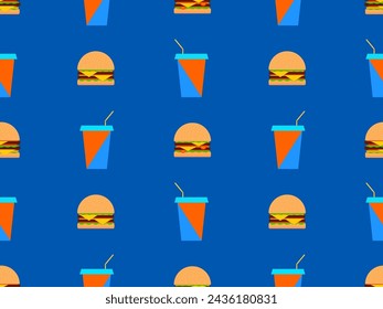 Nahtloses Muster mit Burgern und Papierbechern mit Limonaden. Cheeseburger und Hamburger und Erfrischungsgetränke. Kunststoff- und Papierbecher für kohlensäurehaltige Getränke. Vektorgrafik