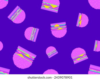 Seamless pattern with burgers in pixel art style. Pixel cheeseburgers and hamburgers with two cutlets and cheese. 8-bit fast food in retro style from the 80s and 90s. Vector illustration