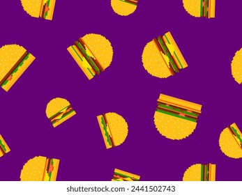 Seamless pattern with burgers in pixel art style. Pixel cheeseburgers and hamburgers with two cutlets and cheese. 8-bit fast food in retro style from the 80s and 90s. Vector illustration