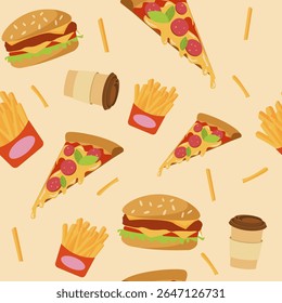hambúrgueres de padrão contínuo, fatias de pizza, batatas fritas e xícaras de café. Para designs de comida de rua, embalagem, capas de menu e decoração de snack-bar.