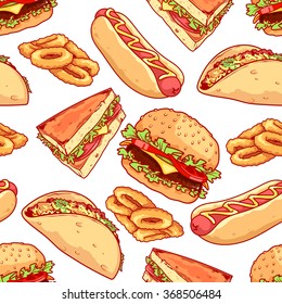 Seamless pattern of burgers, sandwiches, tacos, hot dogs and onion rings. Vector cartoon food background.