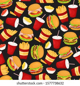 Seamless pattern with burgers, soda and fries. Vector illustration of fast food. Junk food.