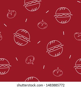 Seamless pattern of burgers and tomatoes on a red background.