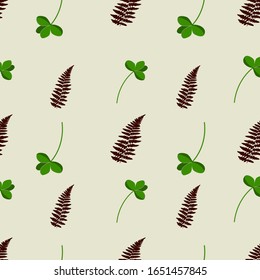 seamless pattern with burgundy fern leaves and green leaves of four leaf clover on a light background, banner for the holiday of St. Patrick