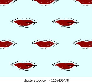 seamless pattern of burgundy lips on blue background. Vector. As print for clothes, bags, towel.