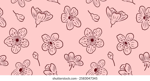 Seamless pattern with burgundy outlines of sakura flowers and buds on a pink background for textile, fabric, wrapping paper. Botanical pattern with cherry blossom.