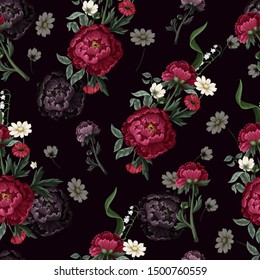 Seamless pattern with burgundy peonies. Vector.