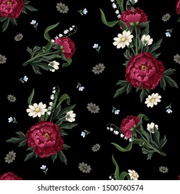 Seamless pattern with burgundy peonies. Vector.