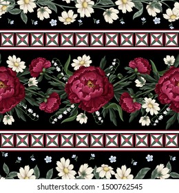 Seamless pattern with burgundy peonies. Vector.