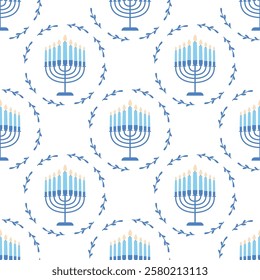 A seamless pattern with burning blue menorah and a floral wreath. Happy Hanukkah celebration print. Banner, background, wallpaper, fabric template.