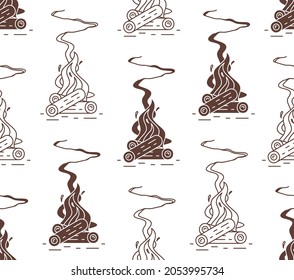 Seamless pattern with Burning bonfire. Fire wood and campfire. flat style