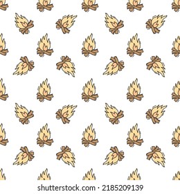 Seamless Pattern With Burning Campfire Hand Drawn Doodle Outline Vector. Cute Doodle Vector Pattern