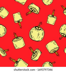 Seamless pattern of a burning candle with a black outline, vector illustration on a red background, doodle style,  pattern design. Print. Line art. Romantic candle. Print on fabrics, wallpaper.