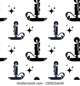 Seamless pattern with a burning candle in a candlestick on a white background. Vector  