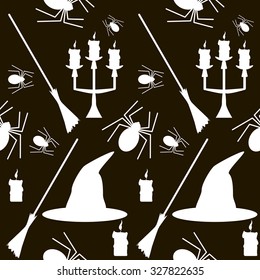 Seamless pattern of burning candles in the candlesticks, spiders, broomsticks and witch hats. Halloween background in black and white colors. Vector illustration
