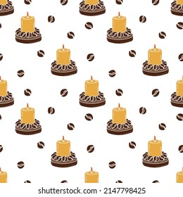 Seamless pattern with burning candles and coffee beans. Suitable for textile, fabric, wallpaper, wrapping. Vector illustration.