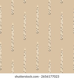 Patrón sin fisuras con velas ardientes en estilo acogedor y romántico. Ilustración vectorial dibujada a mano de llamas de velas brillantes, luz suave, calor y amor. Lindo ambiente acogedor con Formas minimalistas