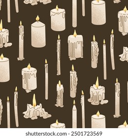 Patrón sin fisuras de velas ardientes de diferentes Formas. Cera derritiéndose del fuego. Creando un ambiente acogedor y romántico en la casa. Decoración interior y aromaterapia. Ilustración vectorial