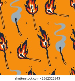 Seamless pattern with burning and extinguished matches. Vector graphics.