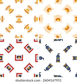 Seamless pattern with burning fireplaces, providing warmth and comfort during winter