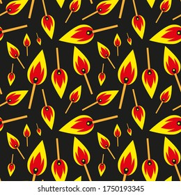 Seamless pattern of burning matches on a black background. Flat colorful vector illustration. Cartoon illustration. A design element that is perfect for a store, wallpaper, textiles, postcard, prints.