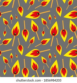 Seamless pattern of burning matches on a gray background. Flat colorful vector illustration. Cartoon illustration. A design element that is perfect for a store, wallpaper, textiles, postcard, prints.