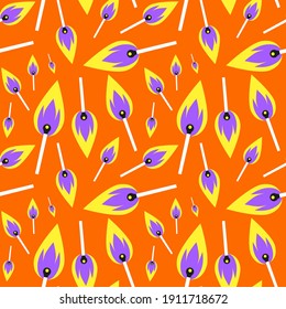 Seamless pattern of burning matches on a orange background. Flat colorful vector illustration. Cartoon illustration. Color- exuberance. For a store, wallpaper, textiles, postcard, print, web.