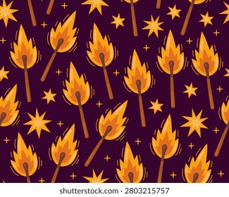 Seamless pattern with burning matches and stars on dark background, fire, flame. Pattern for fabric, prints, design, or wrapping paper.