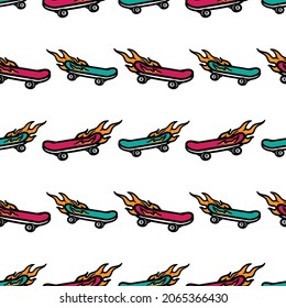 seamless pattern burning skateboard on white background