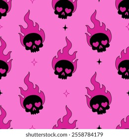 Seamless pattern with burning skulls on a pink background in goth emo style. Vector graphics