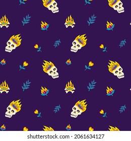 Seamless pattern with burning skulls, twigs, bonfires and flowers in fantasy style on dark purple background