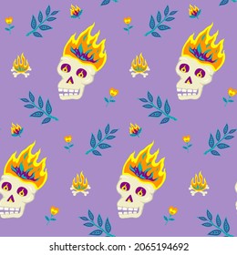 Seamless pattern with burning skulls, twigs, bonfires and flowers in fantasy style on purple background