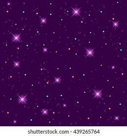 Seamless pattern with burning stars, glare, flare on violet background. Vector.