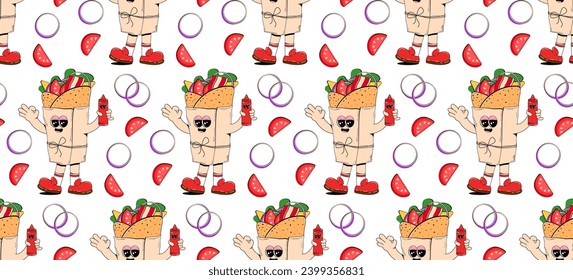Seamless pattern with burrito character in retro cartoon style. Abstract repeating background for restaurant menus, fast food cafes.