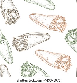 Seamless pattern burrito scetch. Tasty Mexican 