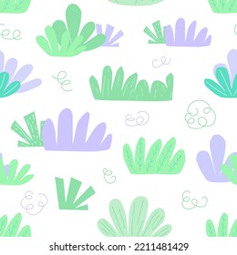 Seamless pattern with bushes and greenery in doodle style.