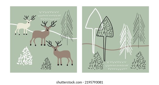 Patrón sin foco con renos, pinos, arbustos, colinas. Concepto del paisaje natural nórdico. Perfecto para niños Tela, Tarjeta, Cartel,  Textil, papel tapiz. Ilustración del vector