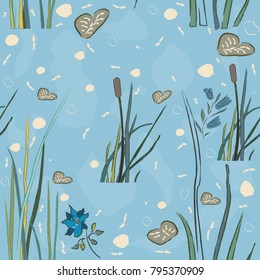 Seamless pattern with bushes of reed on a lake. Vector Illustration