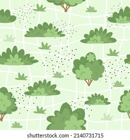 Seamless pattern with bushes, trees and paths on a green background.