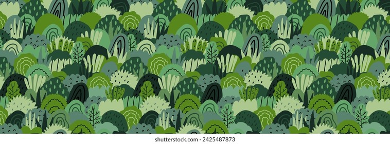 Patrón sin costuras con plantas verdes arbustivas. Ilustración vectorial en estilo plano. Diseño para tela y más.