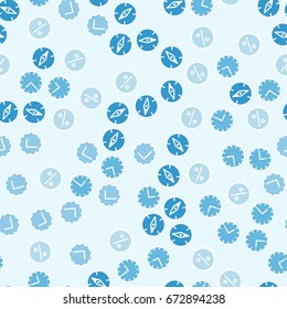Seamless pattern of the business characters - hours, percent, compasses, ticks. Blue tones.
