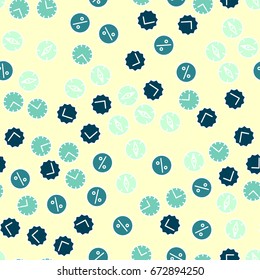 Seamless pattern of the business characters - hours, percent, compasses, ticks. Yellow, green, blue.