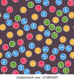 Seamless pattern of the business characters - hours, percent, compasses, ticks. Brown, green, blue, yellow, pink.