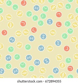 Seamless pattern of the business characters - hours, percent, compasses, ticks. Yellow tones, green, blue, red.