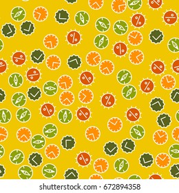 Seamless pattern of the business characters - hours, percent, compasses, ticks. Yellow, green, orange, red.