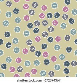 Seamless pattern of the business characters - hours, percent, compasses, ticks. Yellow-gray, blue-gray, pink-gray, gray.