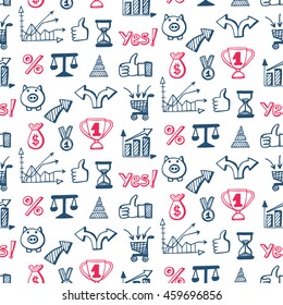 Seamless pattern with business doodles icons set, hand drawn elements, financial education and marketing concept, vector illustration.