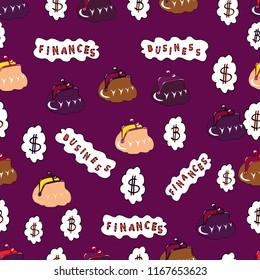 Seamless pattern business pattern. Icon gold coin dollar. Vector illustration. American Dollar The king of currencies. Finance pattern on purple, white and brown background.