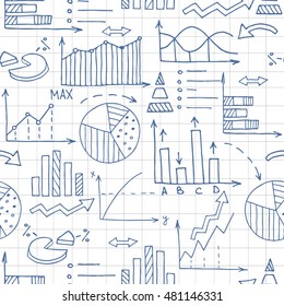 Patrón transparente con iconos de negocios, fondo en blanco y negro. Gran colección de objetos de doodle. Fondo con símbolos empresariales y conjunto de iconos dibujados a mano